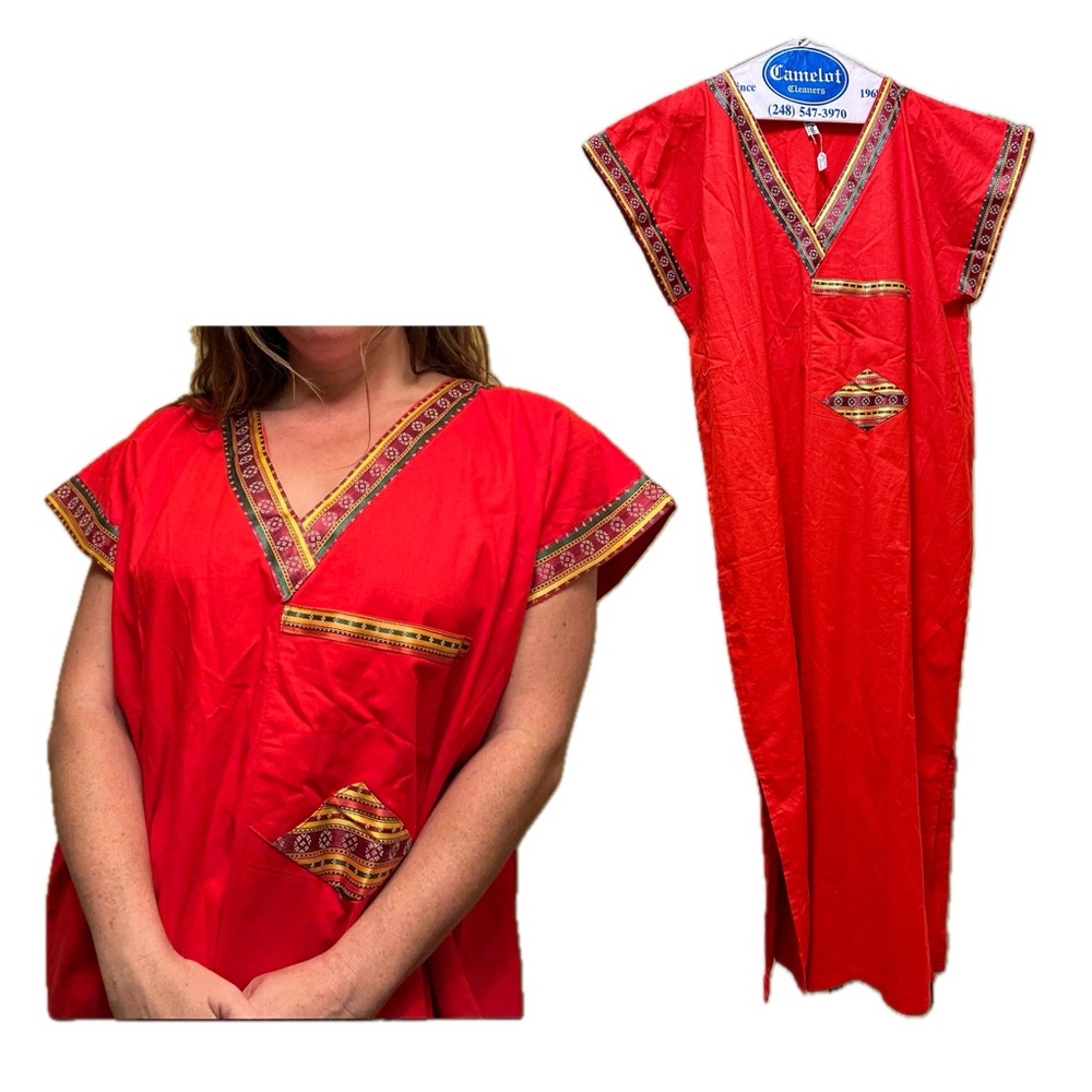 Lebanese Designer Nadia Kemp Colorful Red Cotton Kaftan Maxi Dress Small Medium